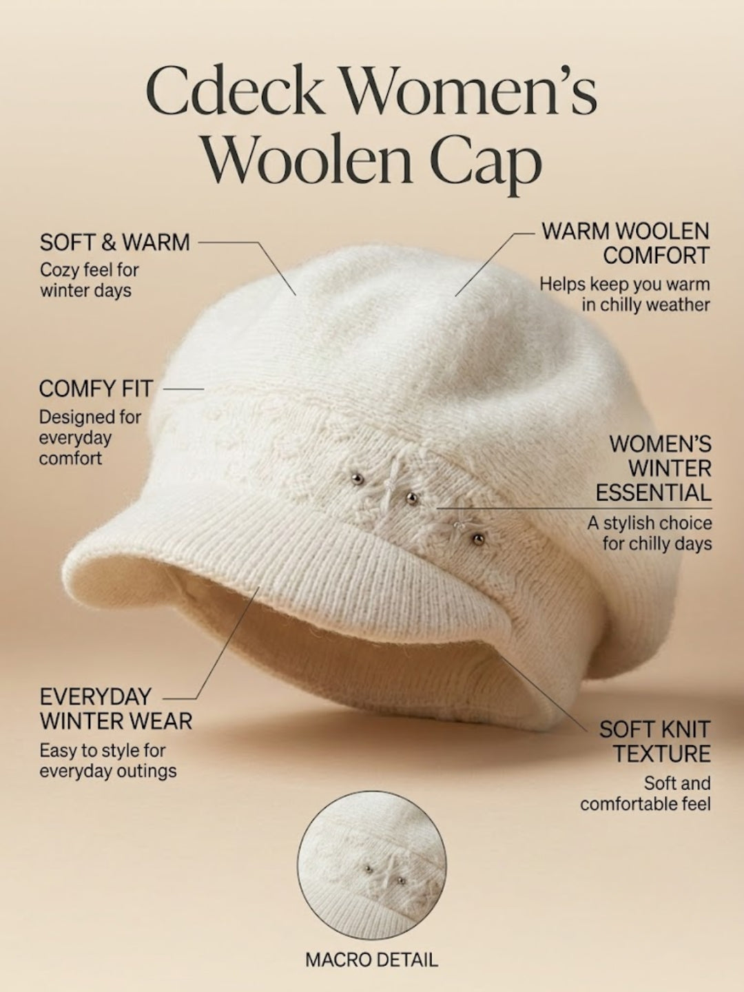 Cdeck Women Woolen Cap | Soft Knitted Winter Beanie for Women | Warm & Stylish Winter Wear | Free Size | Cream