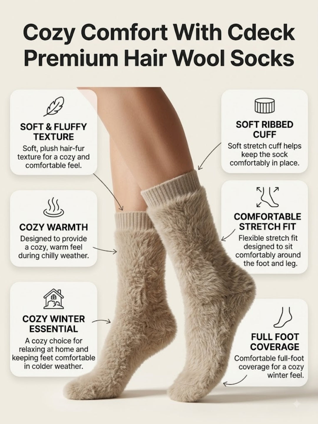 Cdeck Women’s Soft & Warm Fuzzy Socks | Cozy Thick Plush Winter Socks for Women | Beige