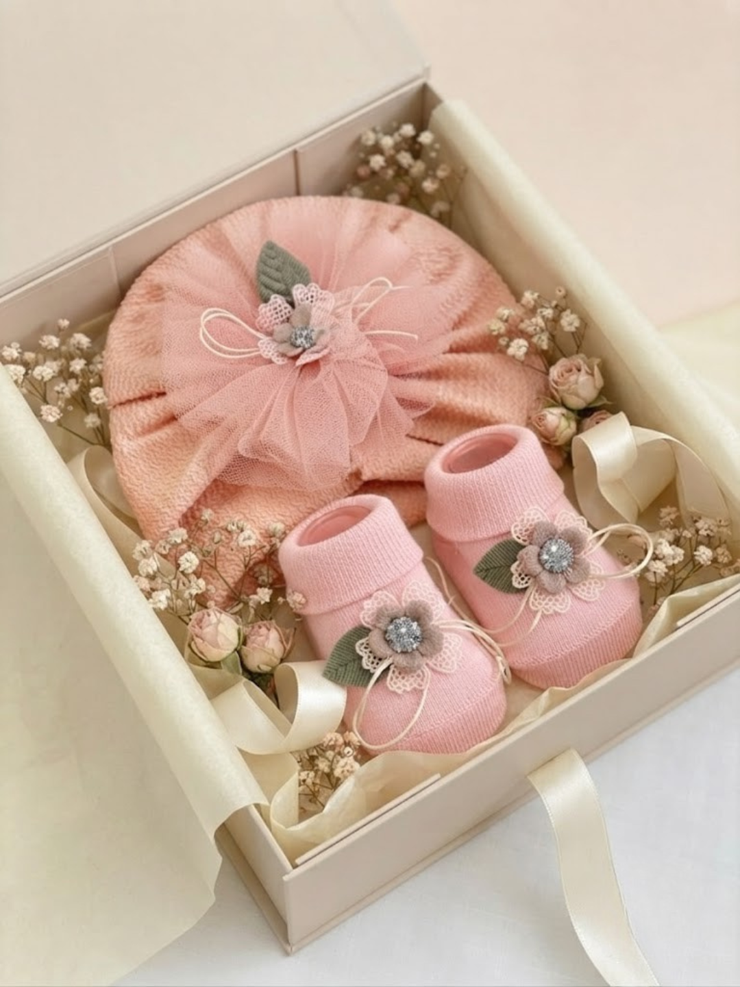 Cdeck Pure Cotton Baby Socks and Cap Set | Soft Pink Floral Design | Comfortable Newborn Accessories
