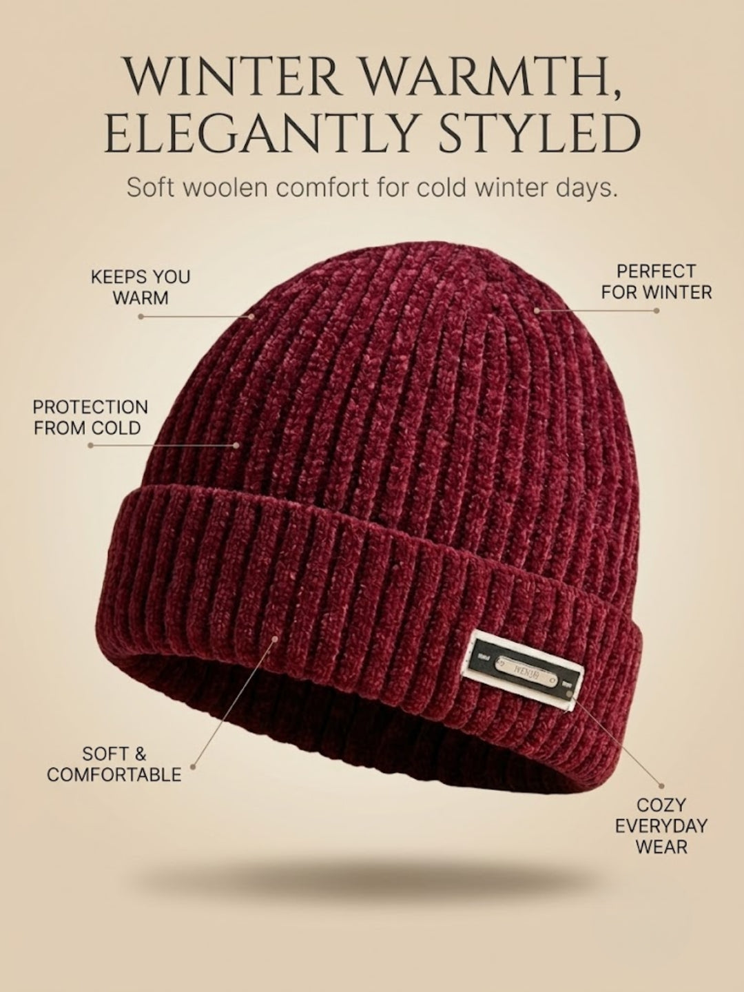 Cdeck Women Woolen Cap | Soft Knitted Winter Beanie for Women | Warm & Stylish Winter Wear | Free Size |Burgundy