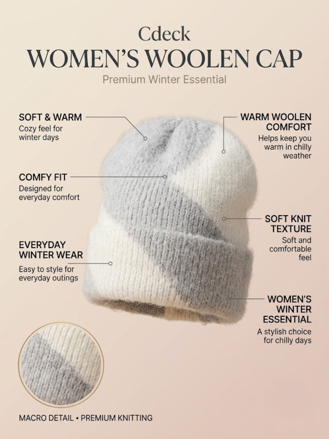 Cdeck Women Woolen Cap | Soft Knitted Winter Beanie for Women | Warm & Stylish Winter Wear | Free Size