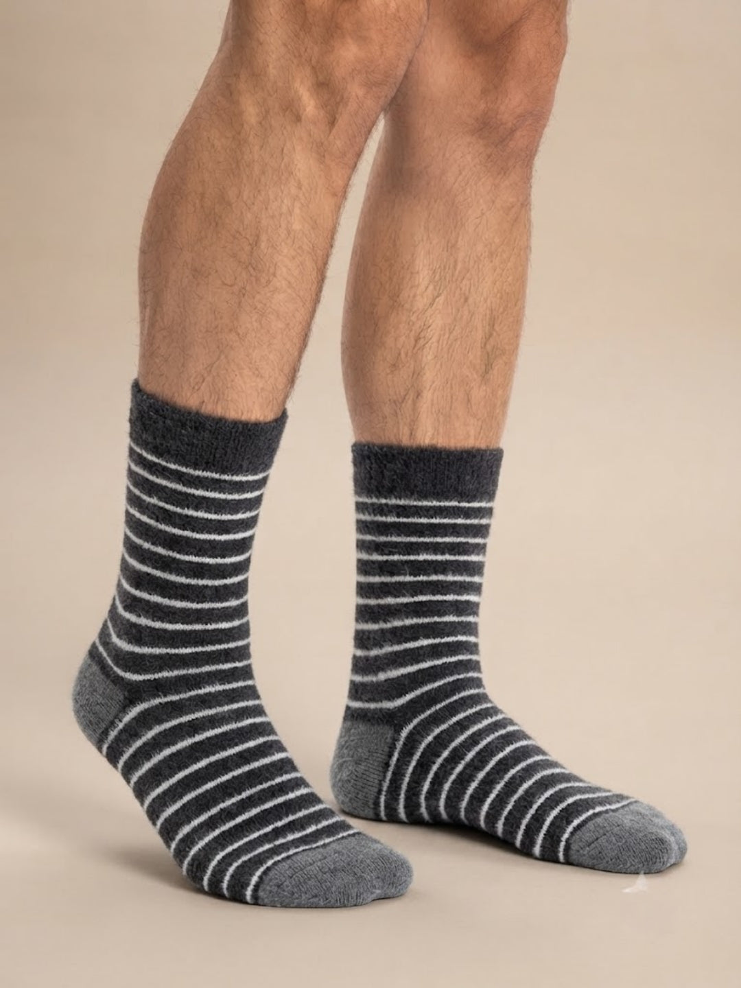 Cdeck Men’s Hair Wool Winter Socks | Single Pair | Soft, Warm & Comfortable | Black & Grey Striped