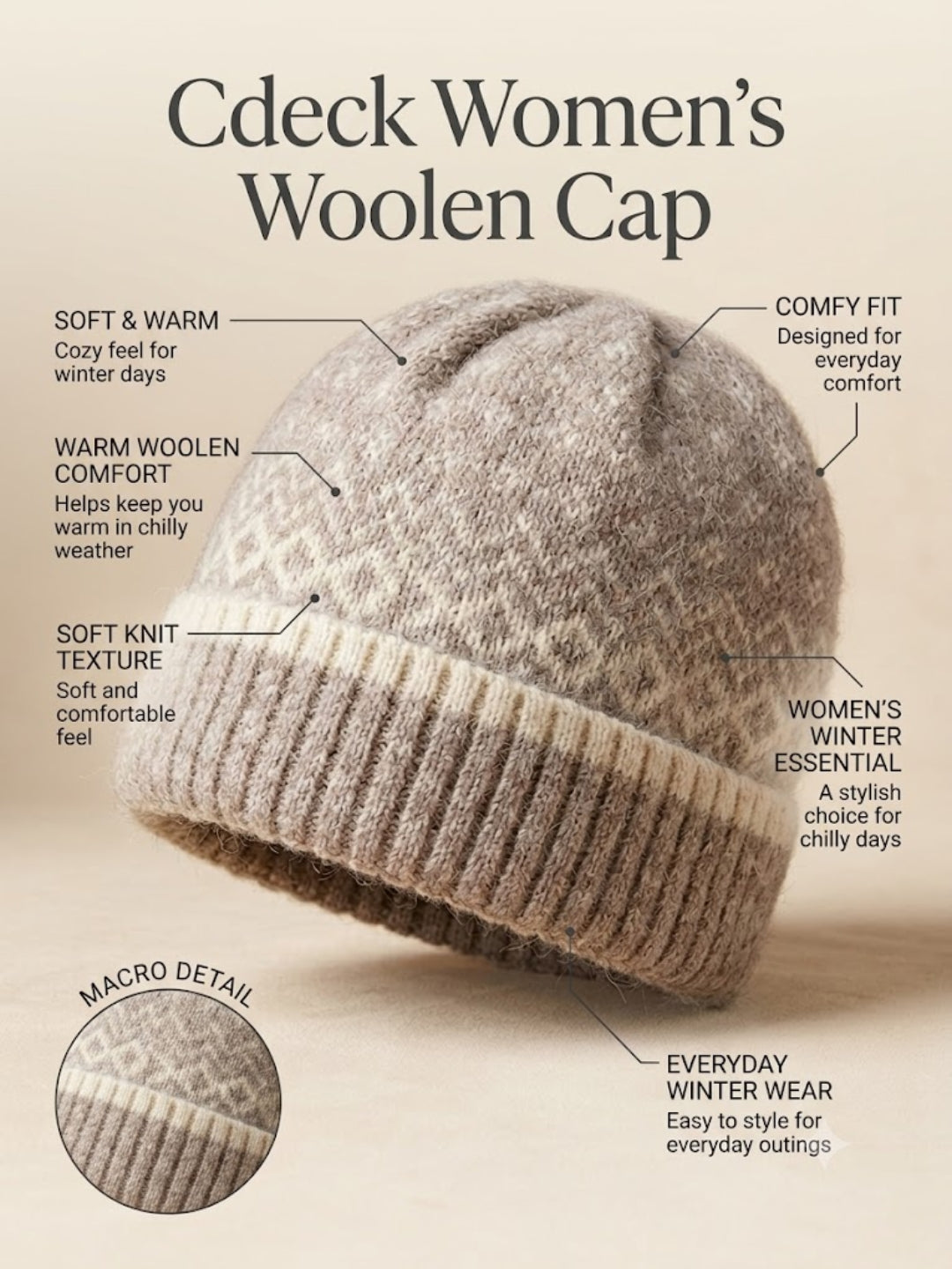 Cdeck Women Woolen Cap | Soft Knitted Winter Beanie for Women | Warm & Stylish Winter Wear | Free Size
