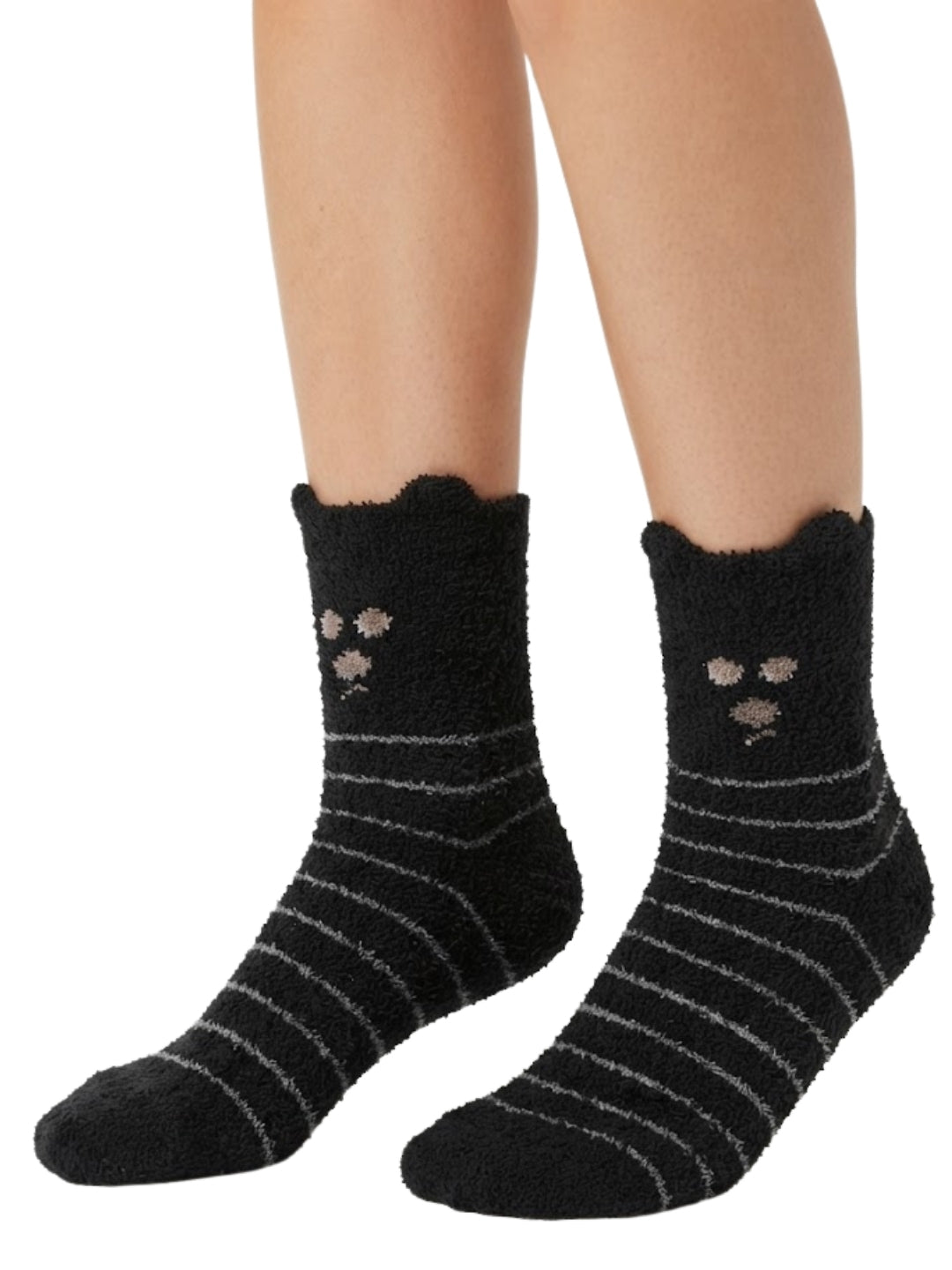 Cdeck Women’s Black Fuzzy Socks with Cat Face – Soft Plush Striped Cozy Winter Socks