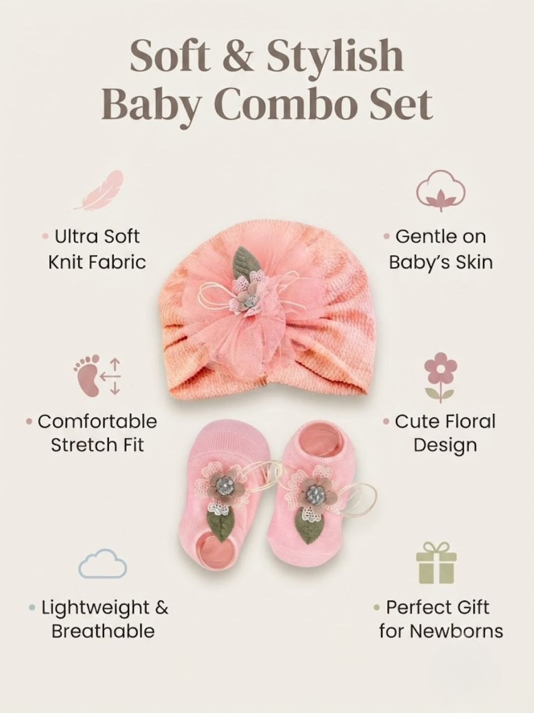 Cdeck Pure Cotton Baby Socks and Cap Set | Soft Pink Floral Design | Comfortable Newborn Accessories