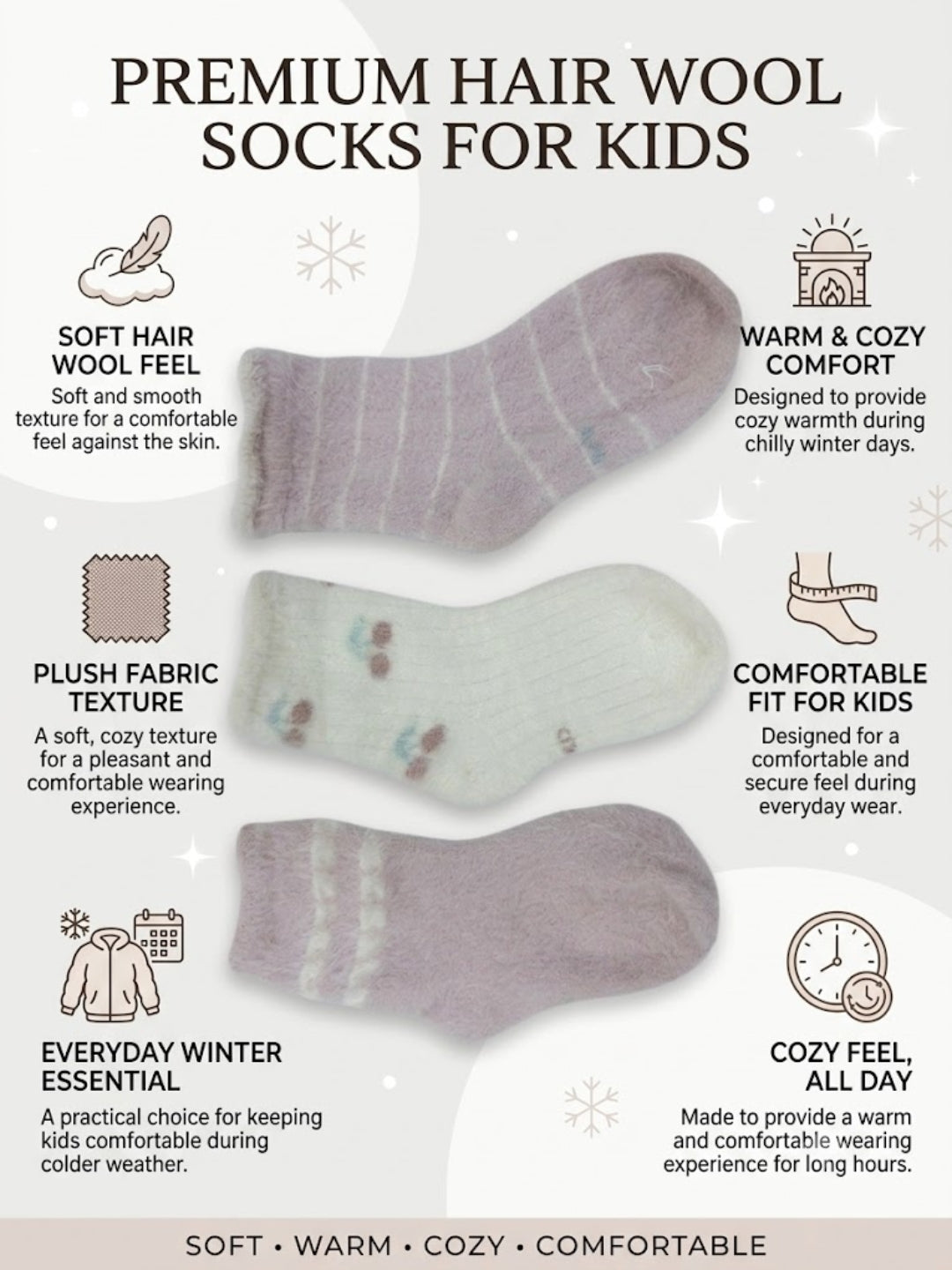 Cdeck Kids Winter Woolen Socks for Boys & Girls | Soft Fuzzy Warm Socks with Anti-Skid Sole  | 4–12 Years | Pack of 3
