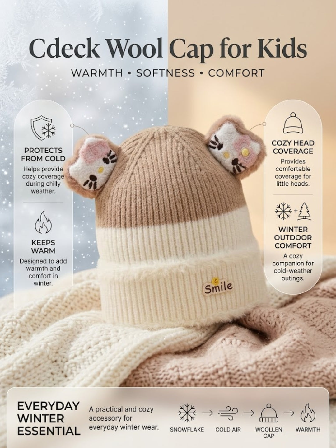 Cdeck Kids Woolen Winter Cap for Boys & Girls | Warm & Comfortable Winter Wear | 2–4 Years |Beige