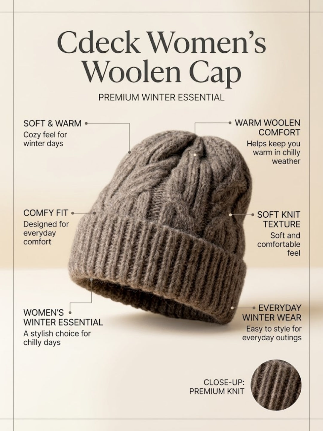 Cdeck Women Woolen Cap | Soft Knitted Winter Beanie for Women | Warm & Stylish Winter Wear | Free Size| Brown