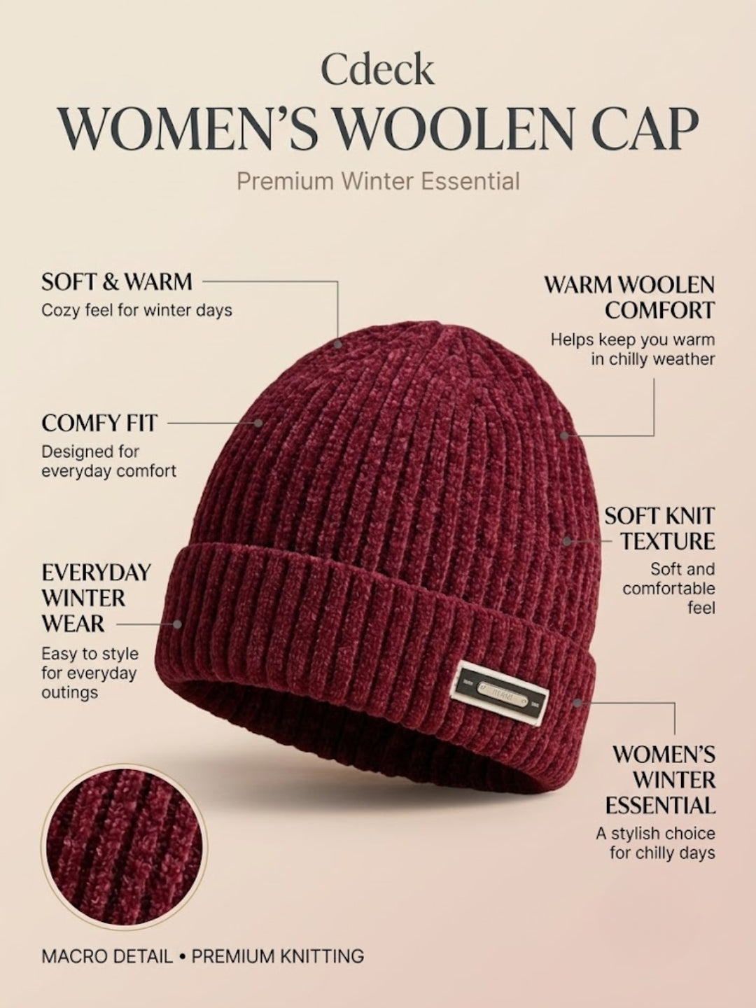 Cdeck Women Woolen Cap | Soft Knitted Winter Beanie for Women | Warm & Stylish Winter Wear | Free Size |Burgundy