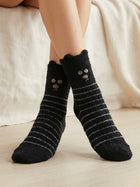 Cdeck Women’s Black Fuzzy Socks with Cat Face – Soft Plush Striped Cozy Winter Socks
