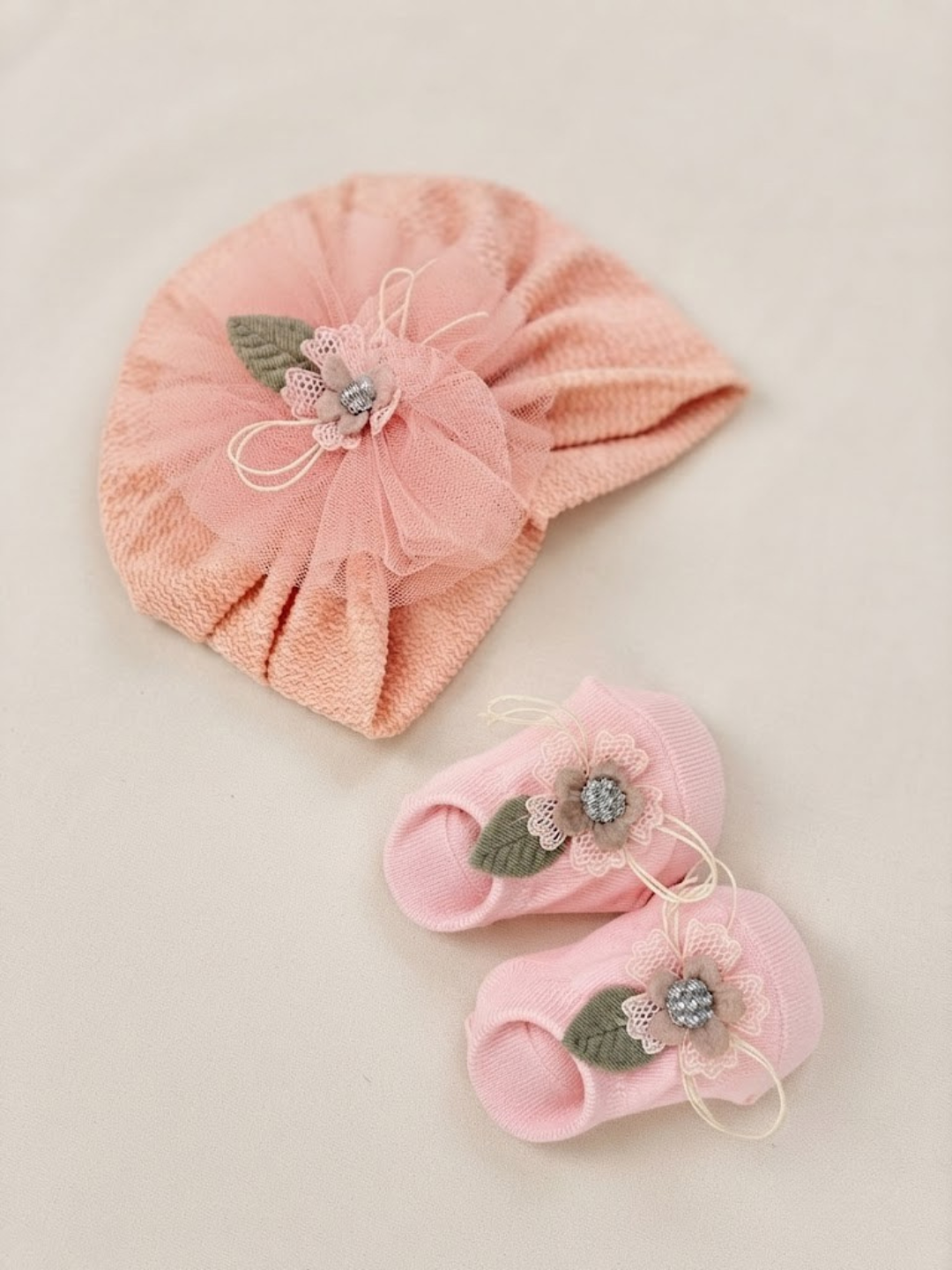 Cdeck Pure Cotton Baby Socks and Cap Set | Soft Pink Floral Design | Comfortable Newborn Accessories