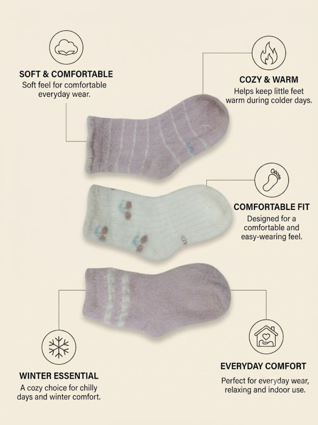 Cdeck Kids Winter Woolen Socks for Boys & Girls | Soft Fuzzy Warm Socks with Anti-Skid Sole  | 4–12 Years | Pack of 3