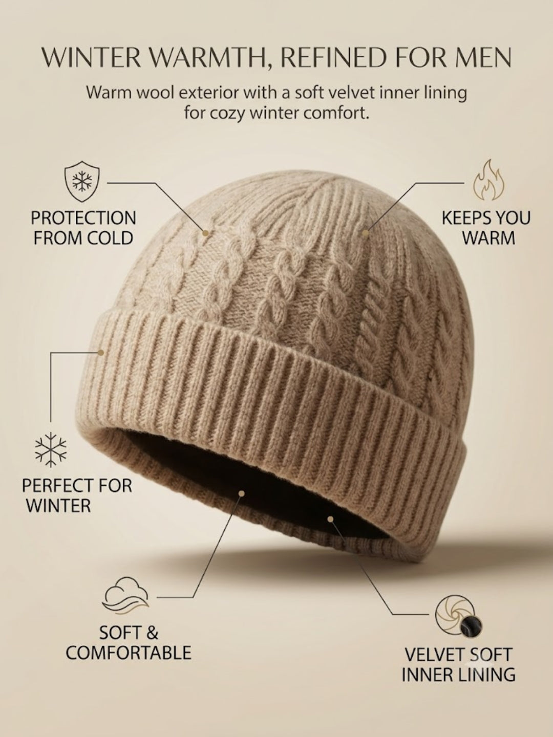Cdeck Men’s Winter Woolen Cap | Ribbed Knit Beanie | Free Size | Soft & Warm | Brown