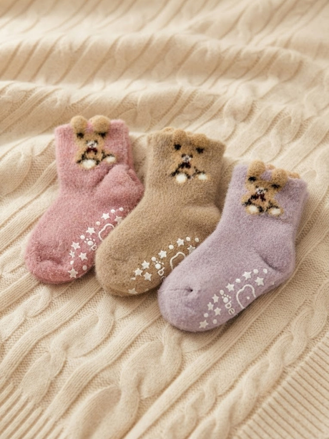 Cdeck Kids Winter Woolen Socks | Soft Fuzzy Rabbit Hair Wool Socks with Anti-Skid Sole | 0–4 Years | Pack of 3 | Multicolor