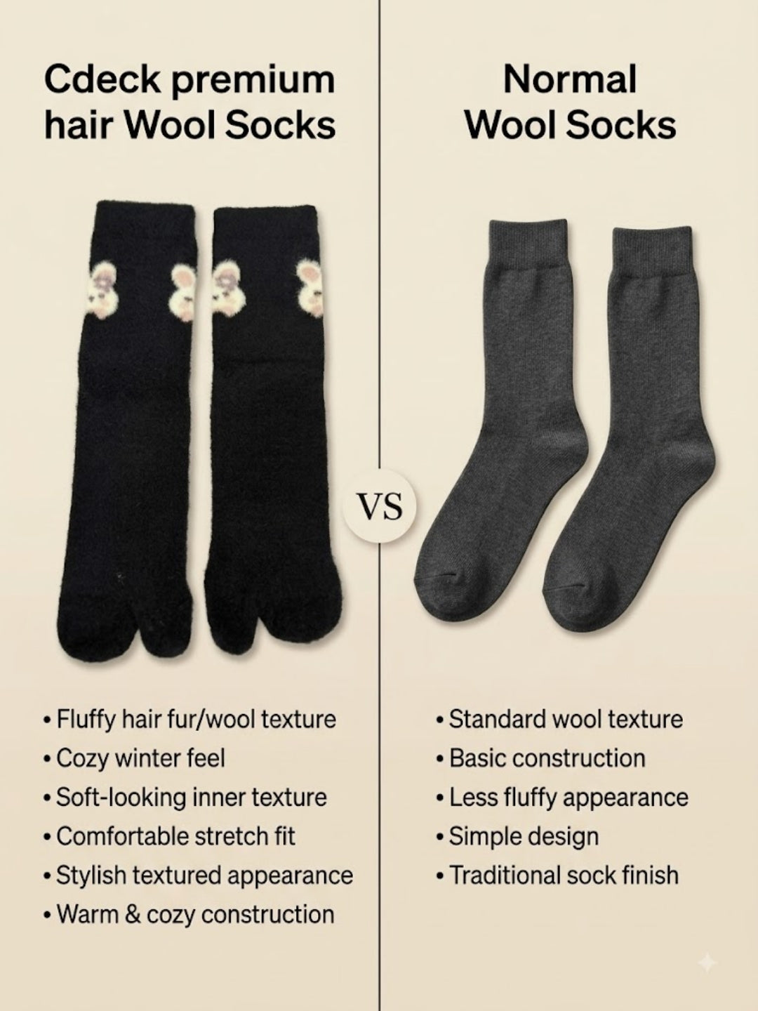 Cdeck Women’s Premium Fuzzy Split-Toe Socks – Cute Bunny Design, Warm Winter Socks, Free Size, Black