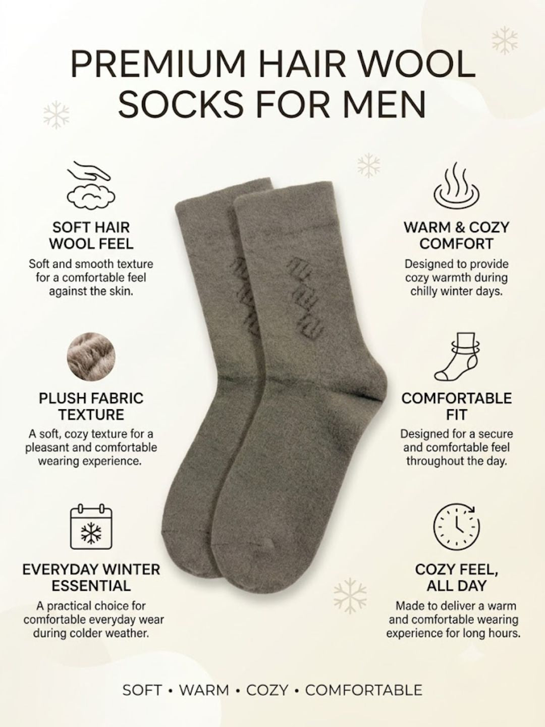 Cdeck Men’s Hair Wool Winter Socks | Soft & Warm | daily wear socks |Light Brown | Single Pair
