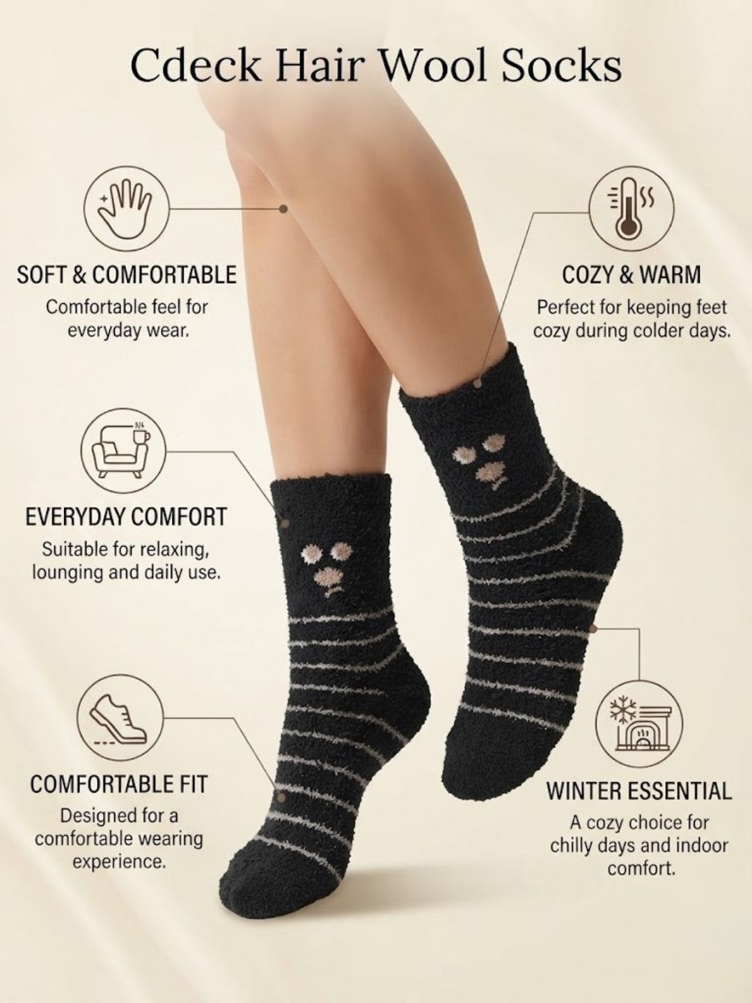 Cdeck Women’s Black Fuzzy Socks with Cat Face – Soft Plush Striped Cozy Winter Socks