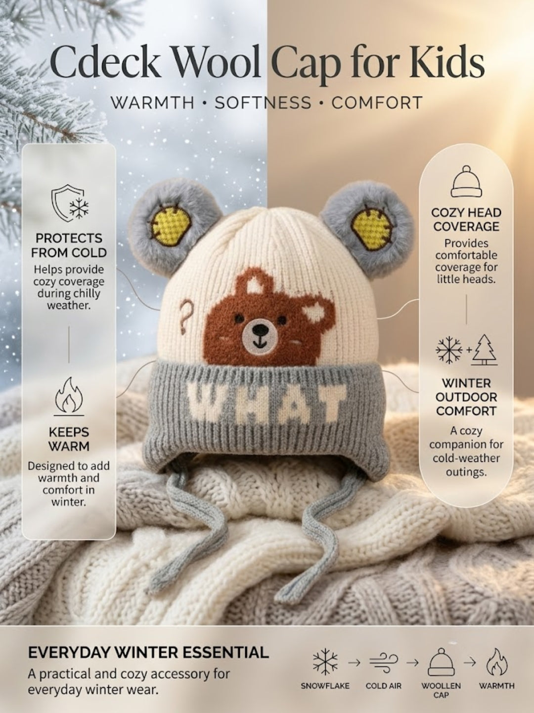 Cdeck Kids Woolen Winter Cap for Boys & Girls | Warm & Comfortable Winter Wear | 2–4 Years | Grey