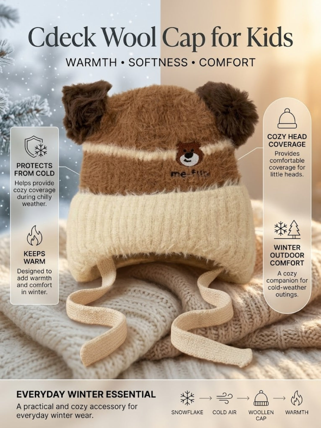 Cdeck Kids Woolen Winter Cap for Boys & Girls | Warm & Comfortable Winter Wear | 2–4 Years | Brown