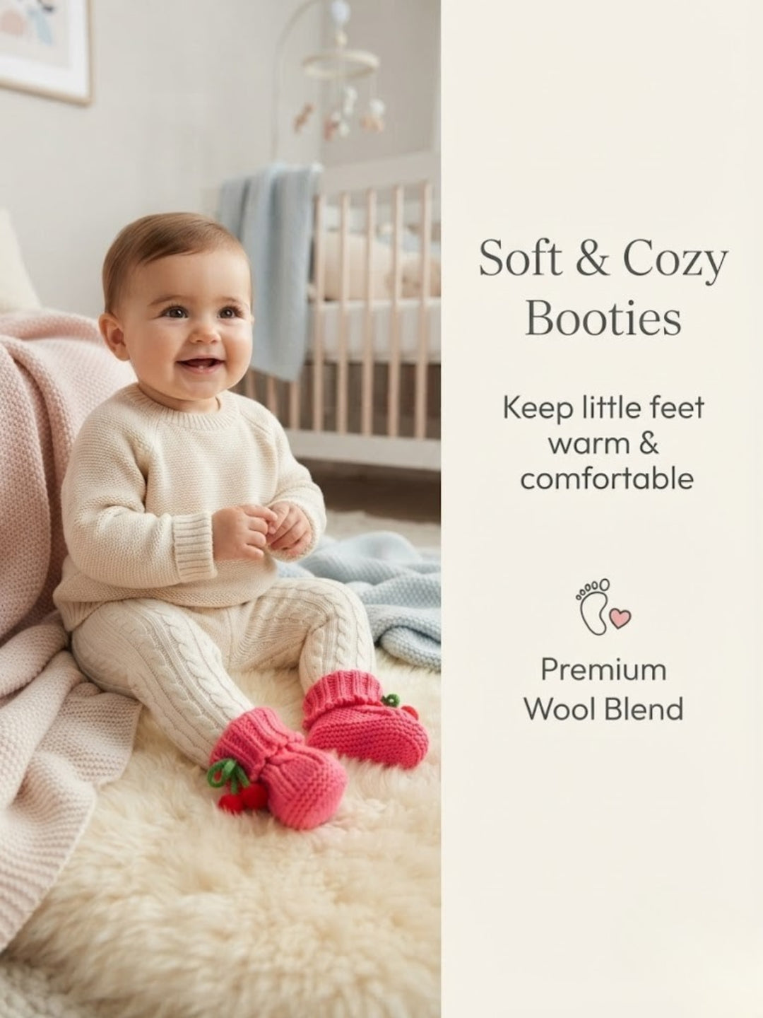 Baby Wool Booties with Cherry Pom-Pom Design | Soft Knitted Baby Shoes | Cute Pink Booties for Babies 0–9 Months