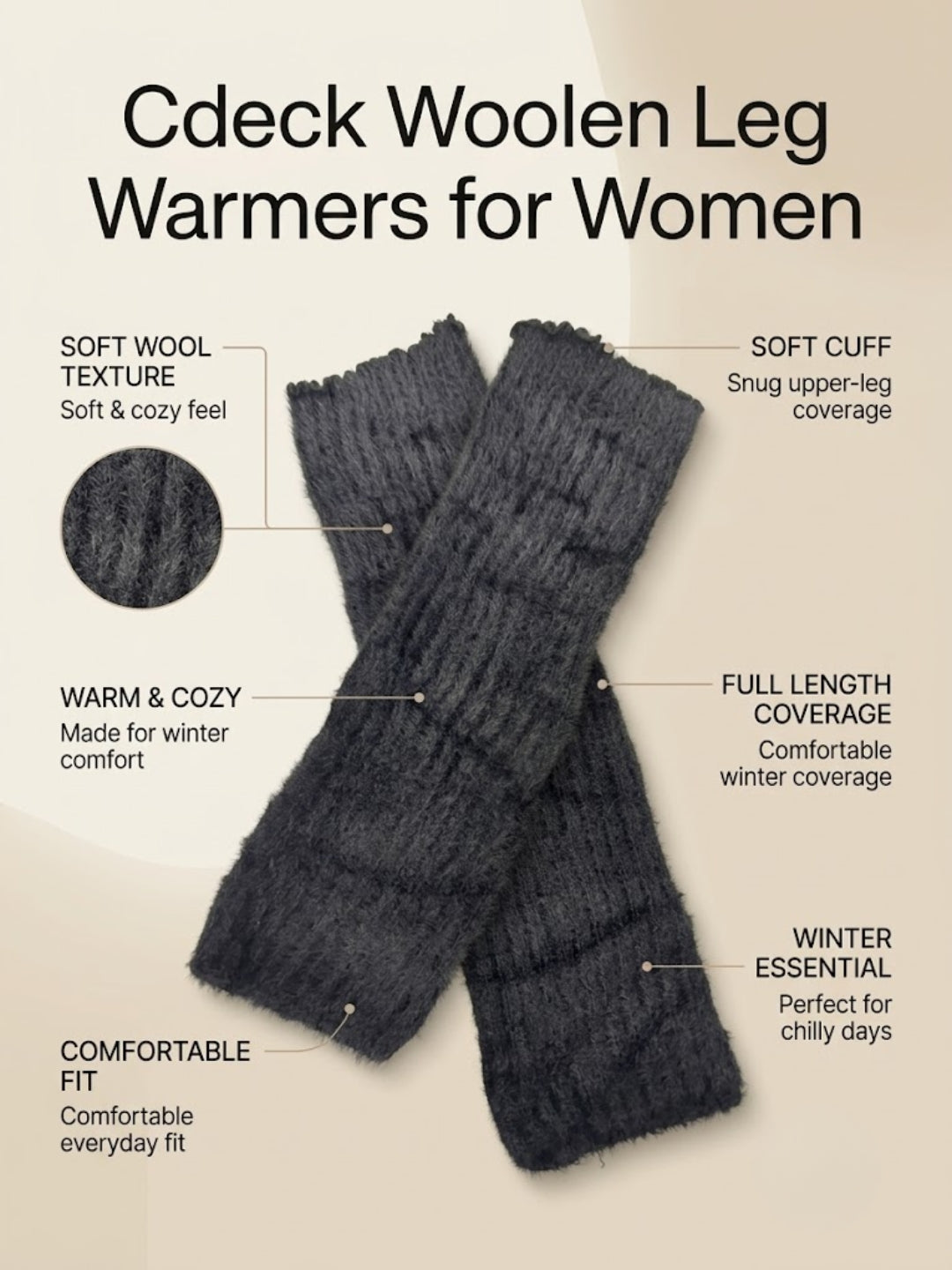 Cdeck Women’s Woolen Leg Warmers for Winter | Soft, Warm & Comfortable Leg Covers for Everyday Wear | Black