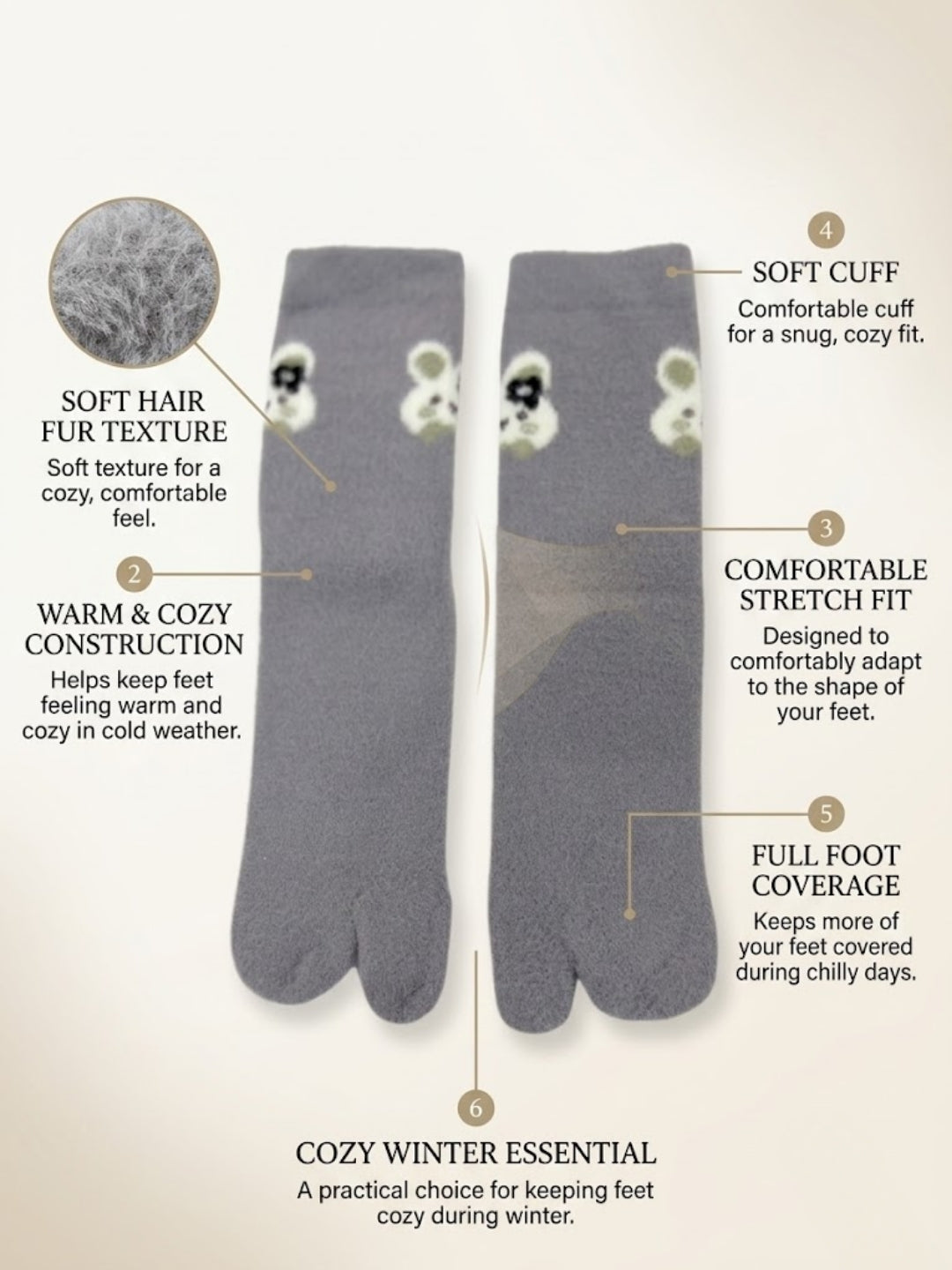 Cdeck Women’s Premium Soft Fuzzy Bear Design Warm Winter Split-Toe Socks | Free Size | Grey