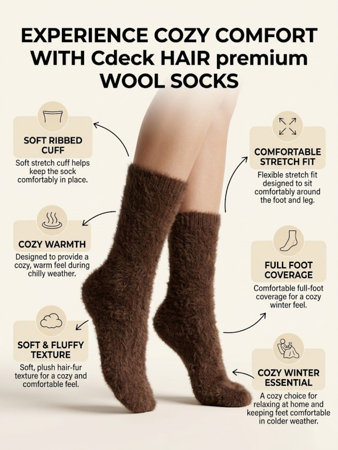 Cdeck Women’s Soft & Warm Woolen Fuzzy Socks | Cozy Thick Winter Socks for Women | Brown