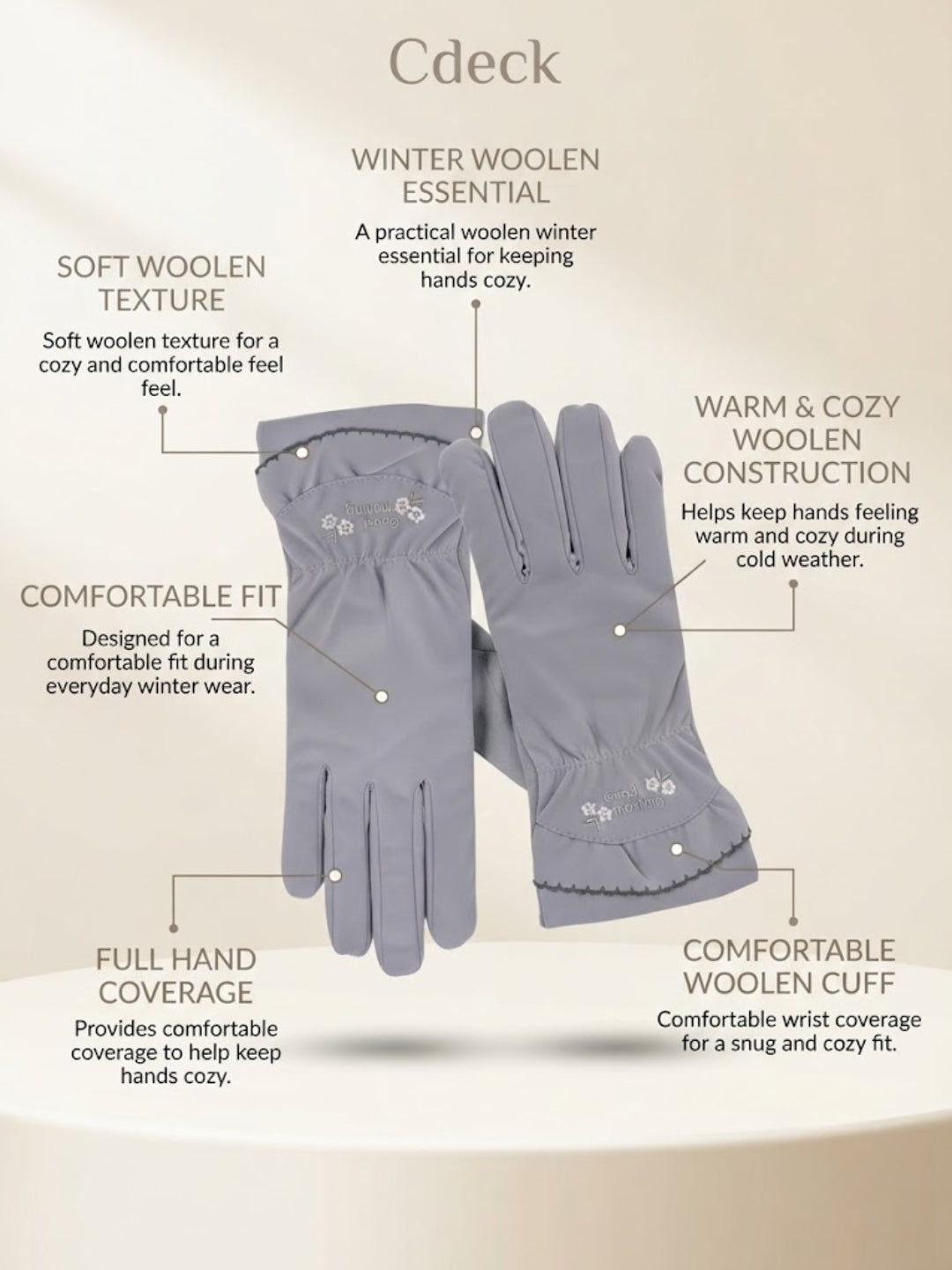 Cdeck Women’s Woolen Gloves | Warm Winter Gloves for Women | Touchscreen Friendly | Free Size | Grey