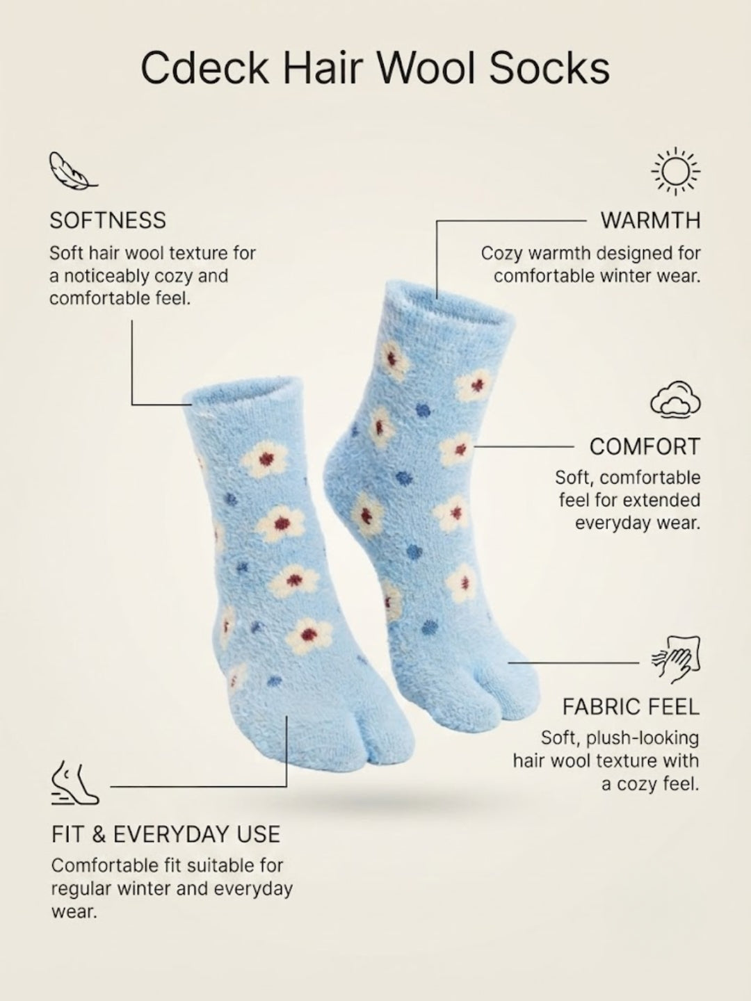 Cdeck Women Soft Fuzzy Winter Socks | Warm & Cozy Floral Pattern | Free Size | Light Blue