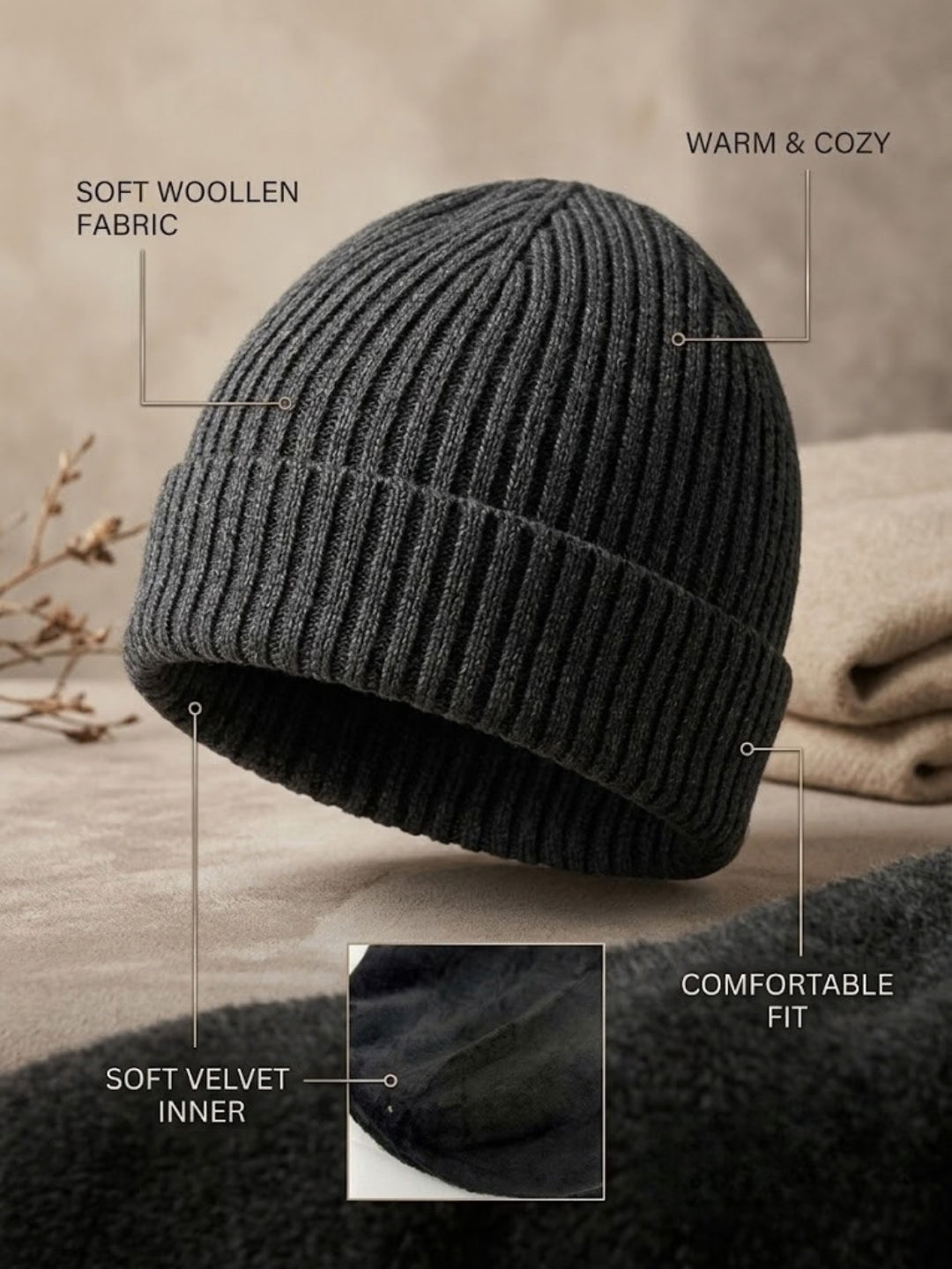 Cdeck Men’s Woolen Winter Cap | Soft, Warm & Comfortable Cap for Everyday Wear | Free Size | Black