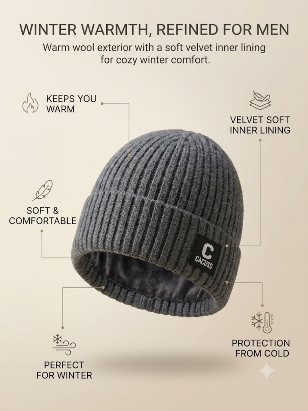 Cdeck Men’s Woolen Winter Cap | Ribbed Knitted Beanie | Free Size | Warm & Comfortable | Black