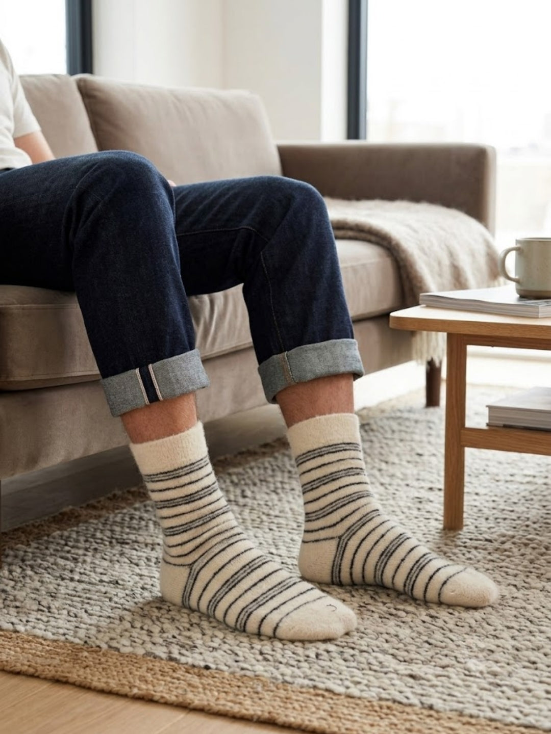 Cdeck Men’s Hair Wool Winter Socks | Single Pair | Soft, Warm, Fuzzy & Stretchable | Cream Striped