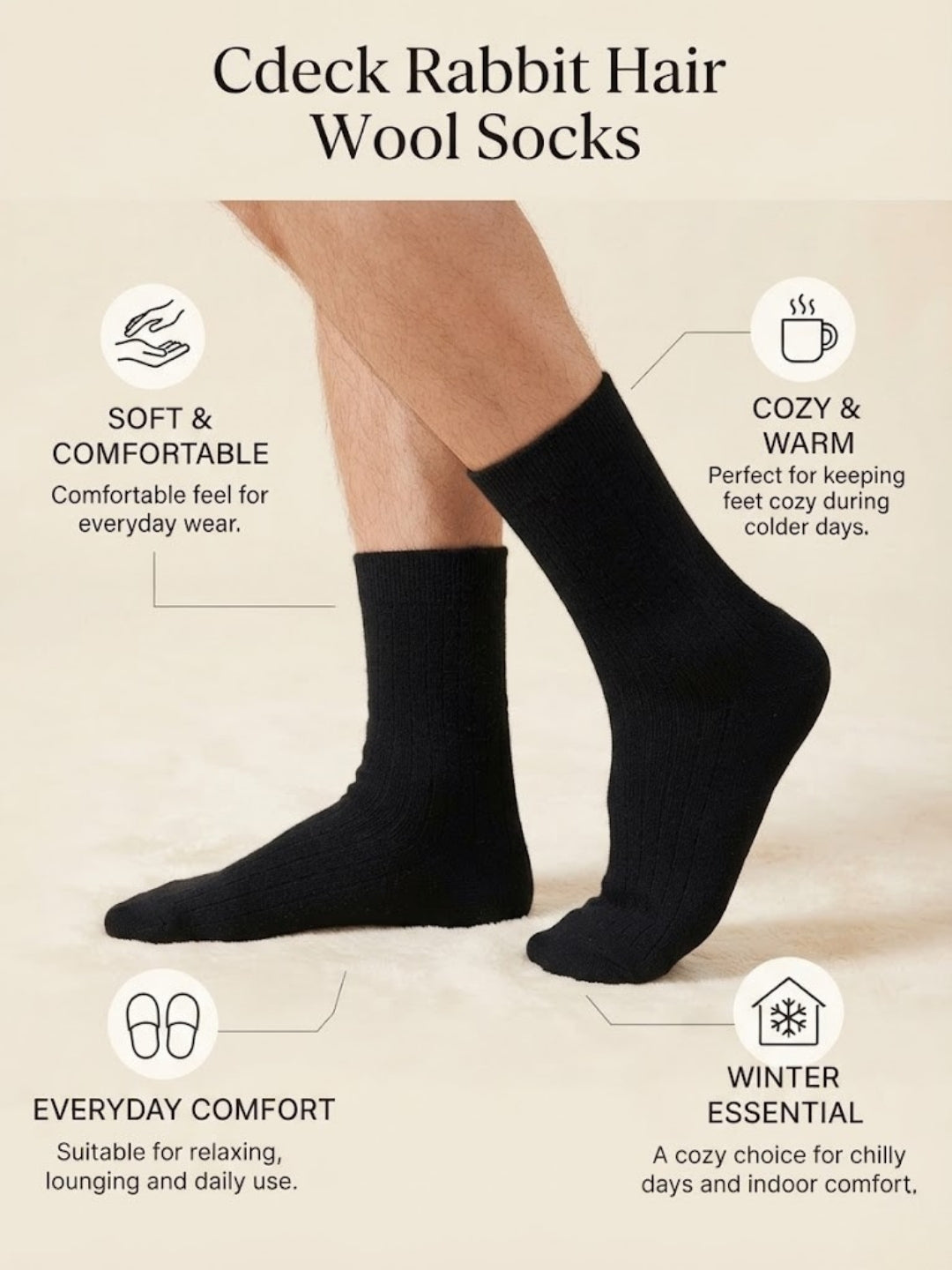 Cdeck Unisex Woolen Winter Socks | Soft Warm Wool Socks for Men & Women | Cozy Comfortable Winter Socks | Full Length | Black