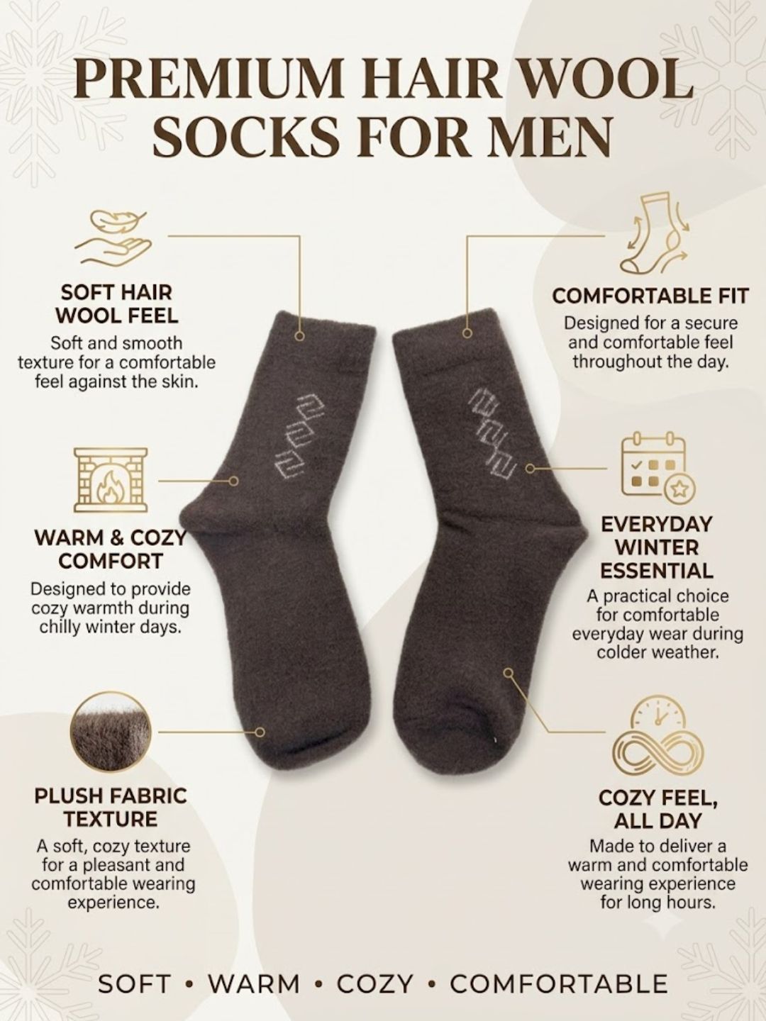 Cdeck Men’s Hair Wool Winter Socks | Soft, Warm & Comfortable | Brown | Free Size