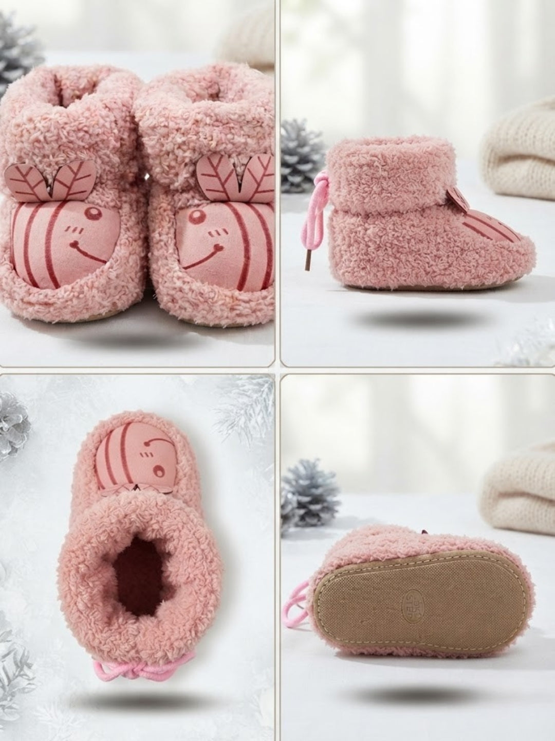 Cdeck Baby Wool Booties | Soft Warm Fleece Baby Shoes | Cute Pink Booties for Babies 3–9 Months