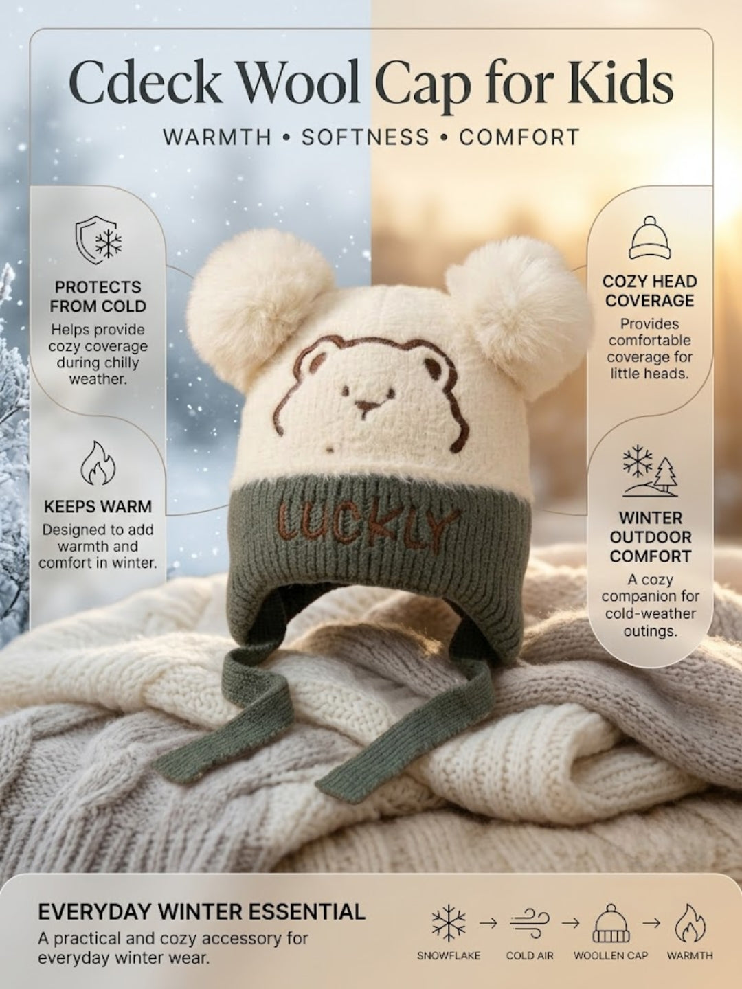 Cdeck Kids Woolen Winter Cap for Boys & Girls | Warm & Comfortable Winter Wear | 2–4 Years | Cream