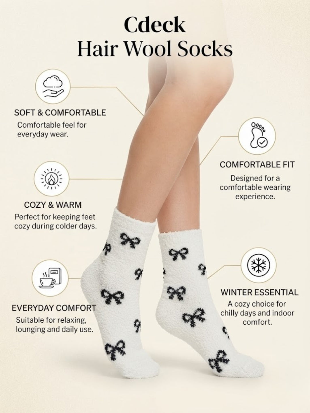 Cdeck Women’s Mid-Calf Rabbit Hair Wool Socks – Premium Soft Warm Fuzzy Winter Socks, Cozy Plush Socks with Cute Bow Pattern
