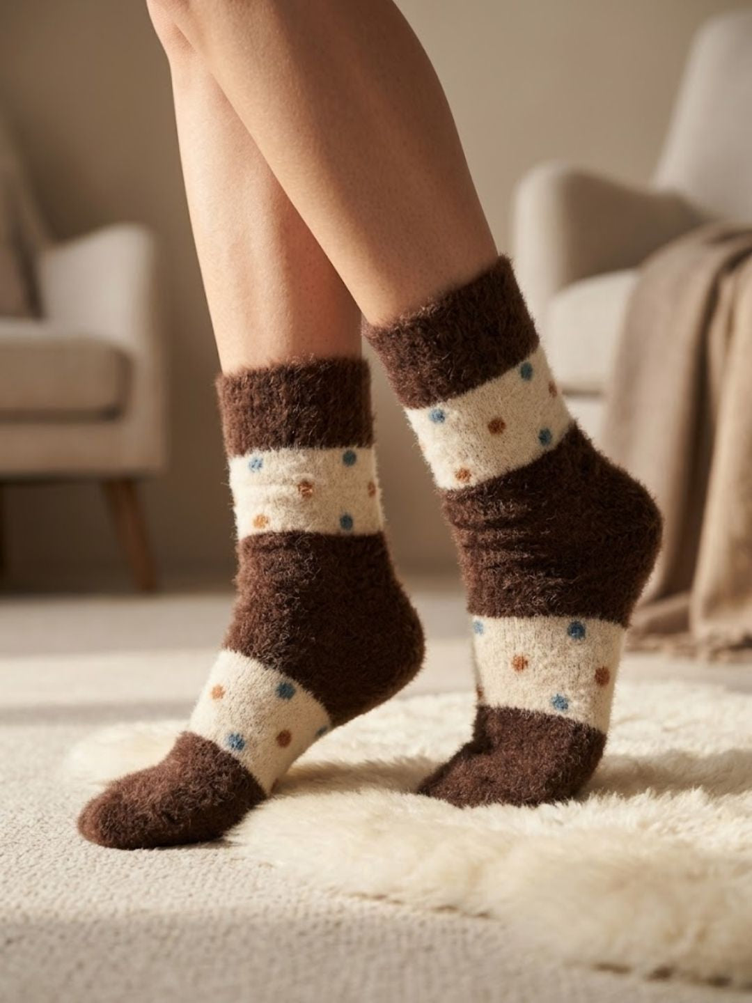 Cdeck Women’s Premium Hair Wool Fuzzy Socks | Soft & Warm Thick Winter Socks | Brown & Cream