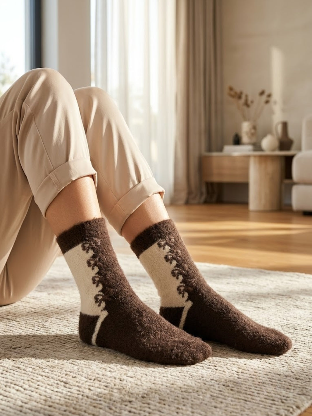 Cdeck Women’s Fuzzy Wool Socks | Soft & Warm Winter Socks | Cute Floral Pattern | Brown & Cream | Free Size