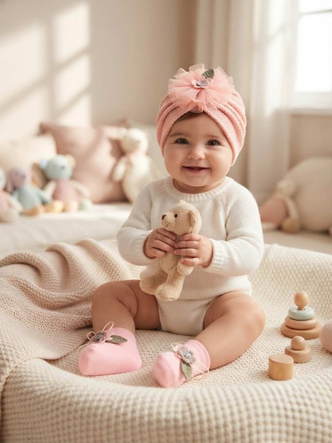 Cdeck Pure Cotton Baby Socks and Cap Set | Soft Pink Floral Design | Comfortable Newborn Accessories