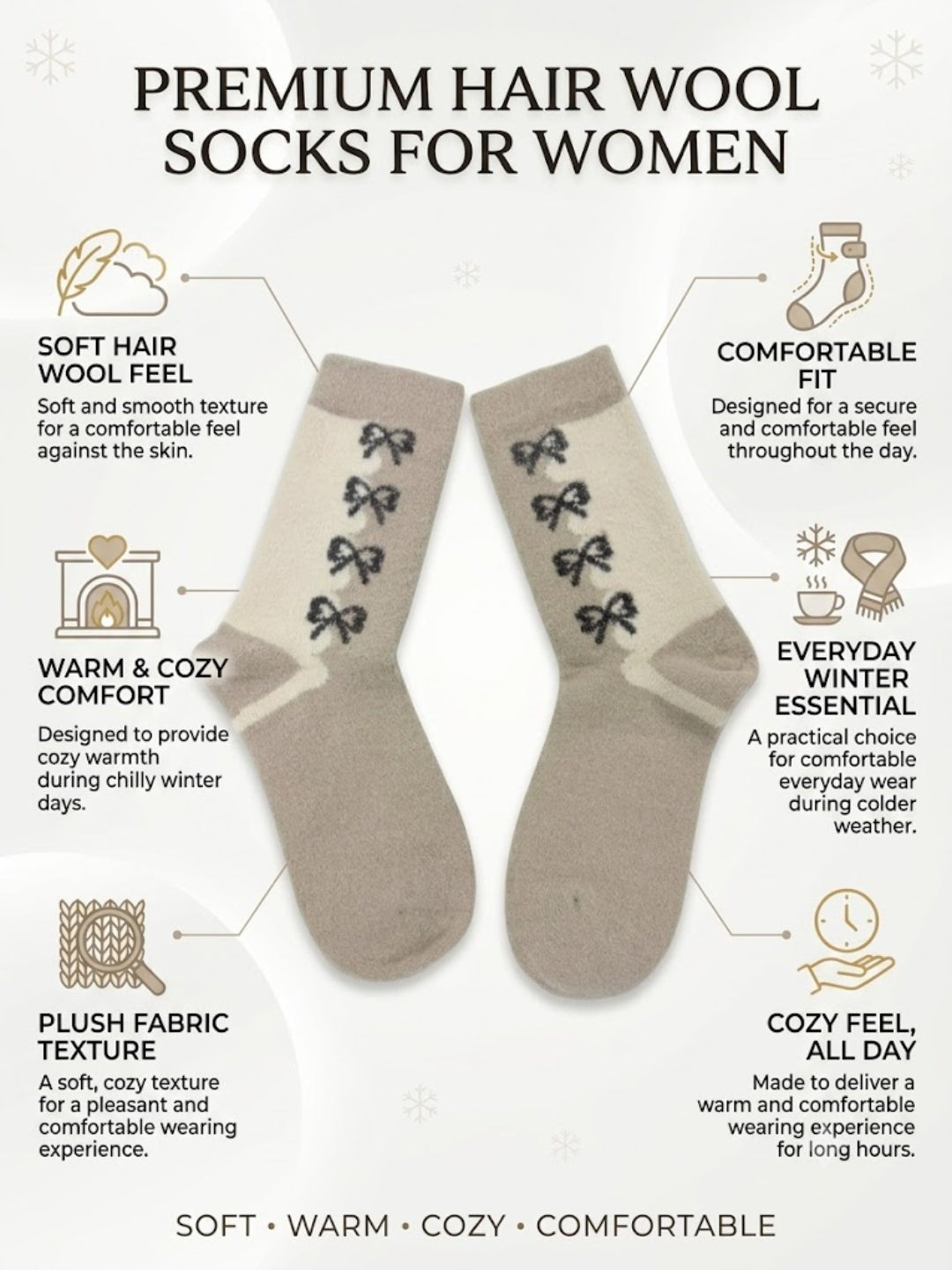 Cdeck Women Premium Hair Wool Socks | Warm & Comfortable | Free Size | Cream & Brown