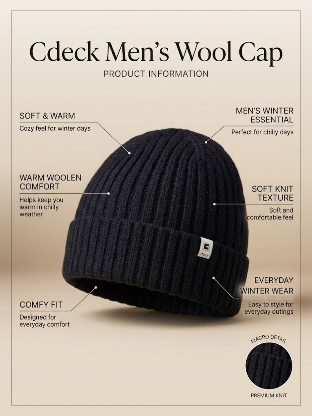 Cdeck Men’s Woolen Winter Cap | Ribbed Knitted Beanie | Free Size | Warm & Comfortable