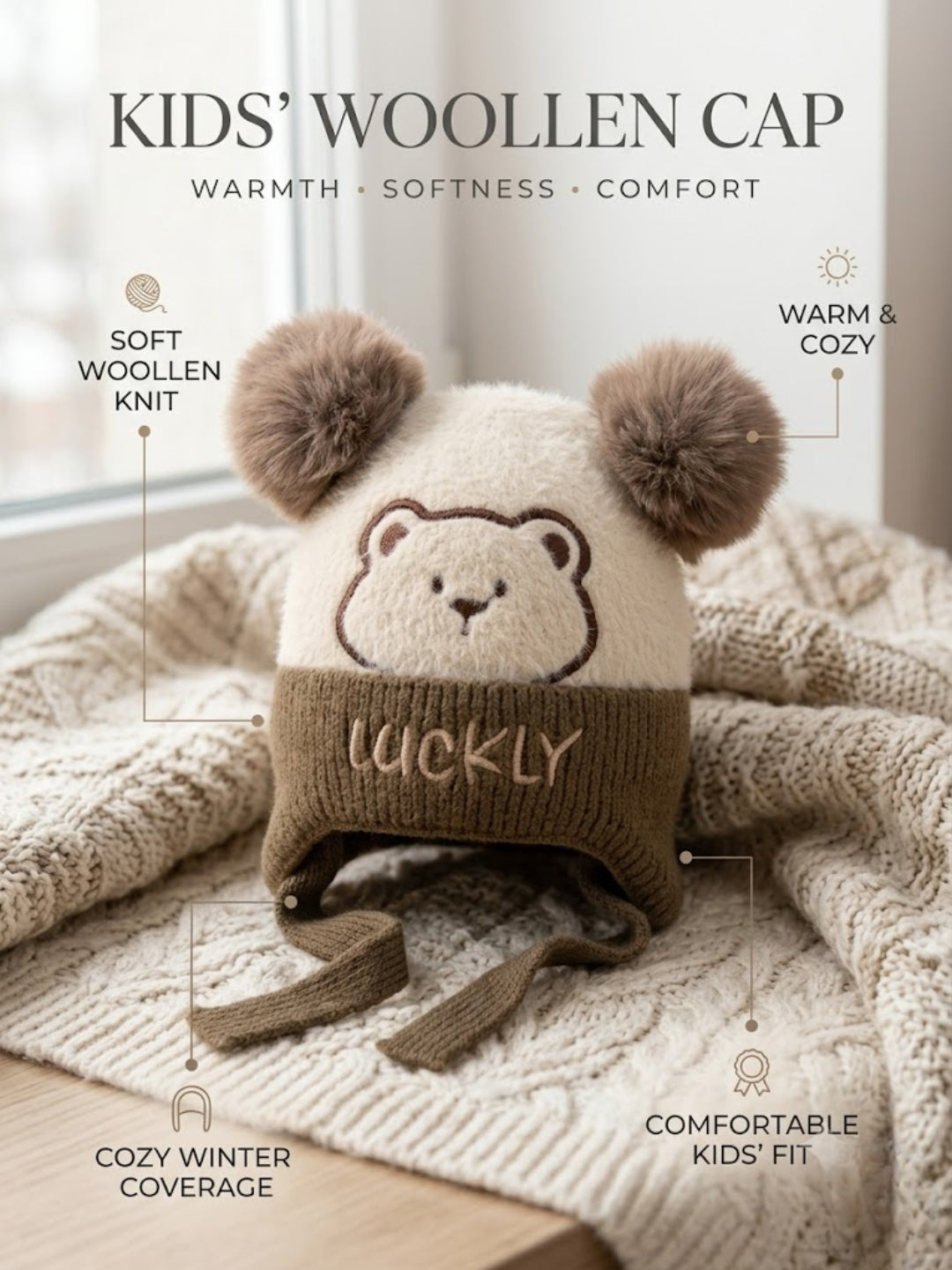 Cdeck Kids Woolen Winter Cap for Boys & Girls | Warm & Comfortable Winter Wear | 2–4 Years | Beige