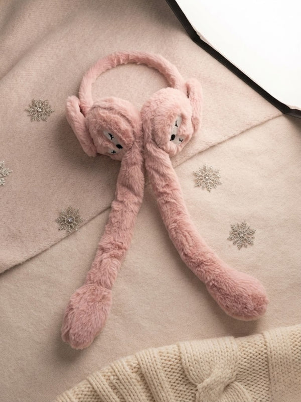 Cdeck Velvet Pink Bear Earmuffs for Girls & Women, Soft Warm Winter Earmuffs with Long Hanging Ear Covers, Free Size