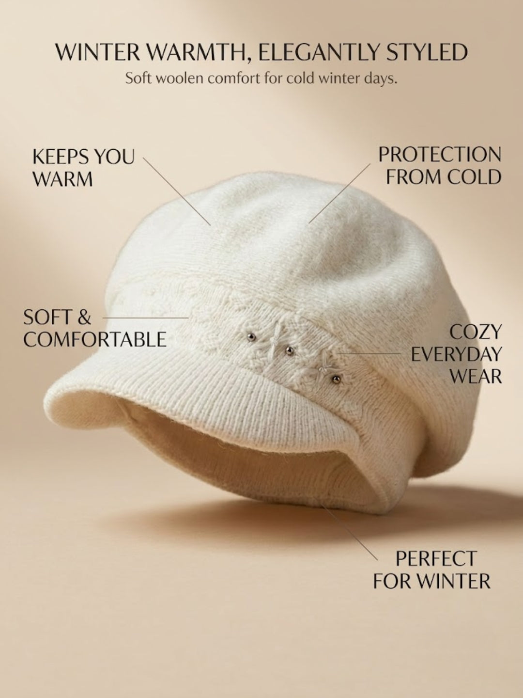 Cdeck Women Woolen Cap | Soft Knitted Winter Beanie for Women | Warm & Stylish Winter Wear | Free Size | Cream