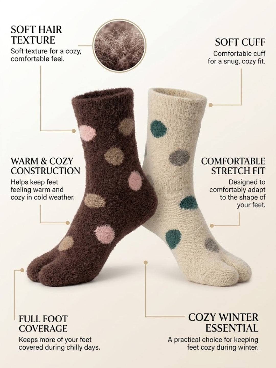 Cdeck Premium Warm Socks for Women | Soft Cozy Rabbit Hair Wool | Polka Dot Design | Beige & Brown