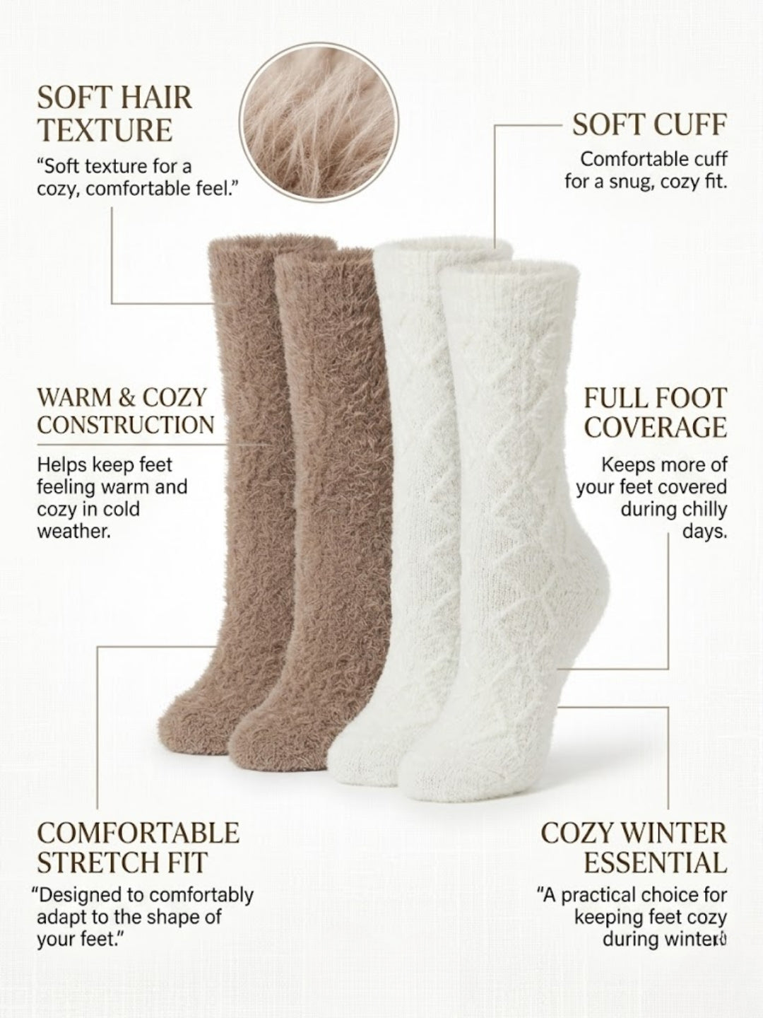 Cdeck Women’s Soft & Warm Woolen Fuzzy Socks | Cozy Thick Winter Socks for Women | Brown & White Combo