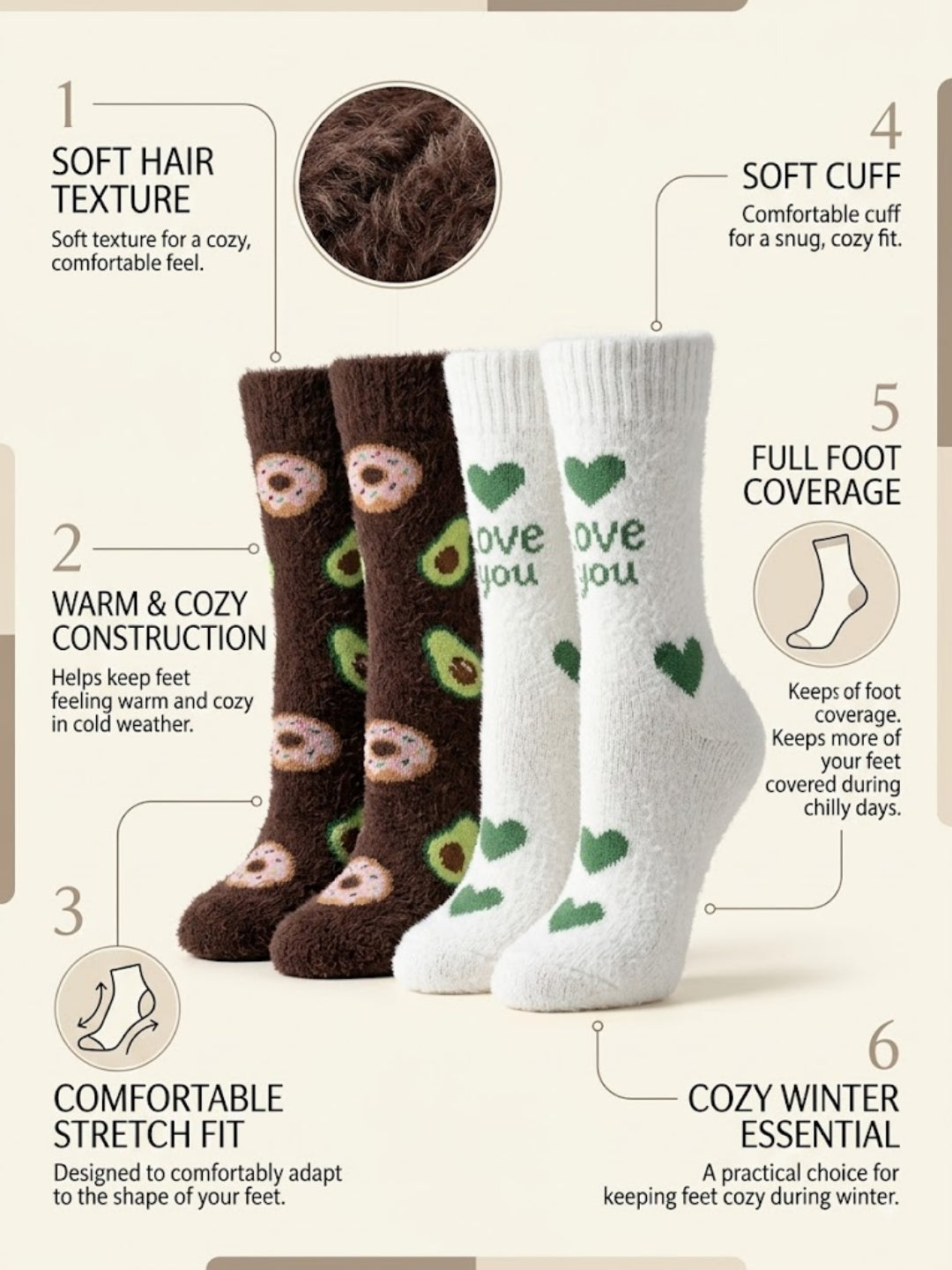 Cdeck Women’s Soft & Warm Fuzzy Winter Socks with Cozy Fluffy Fabric | Free Size | Brown & Cream