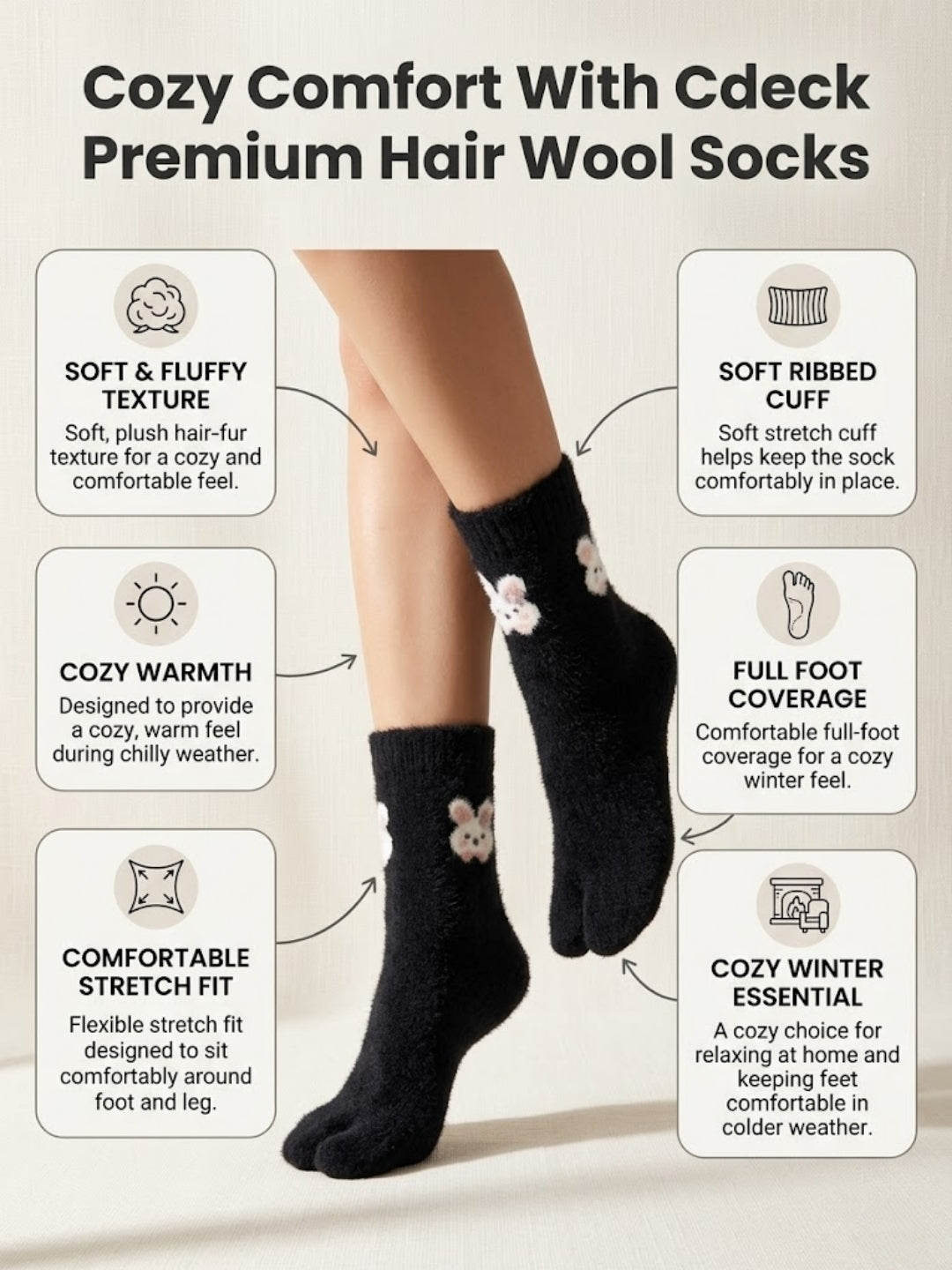 Cdeck Women’s Premium Fuzzy Split-Toe Socks – Cute Bunny Design, Warm Winter Socks, Free Size, Black