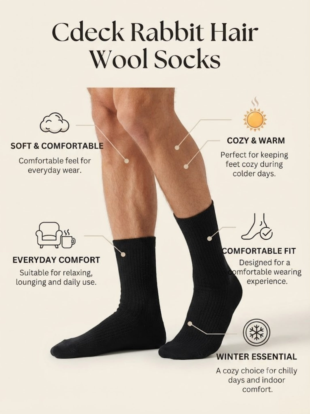 Cdeck Unisex Woolen Socks for Men & Women | Warm Soft Winter Socks  | Cozy Comfortable Cold Weather Footwear| Black